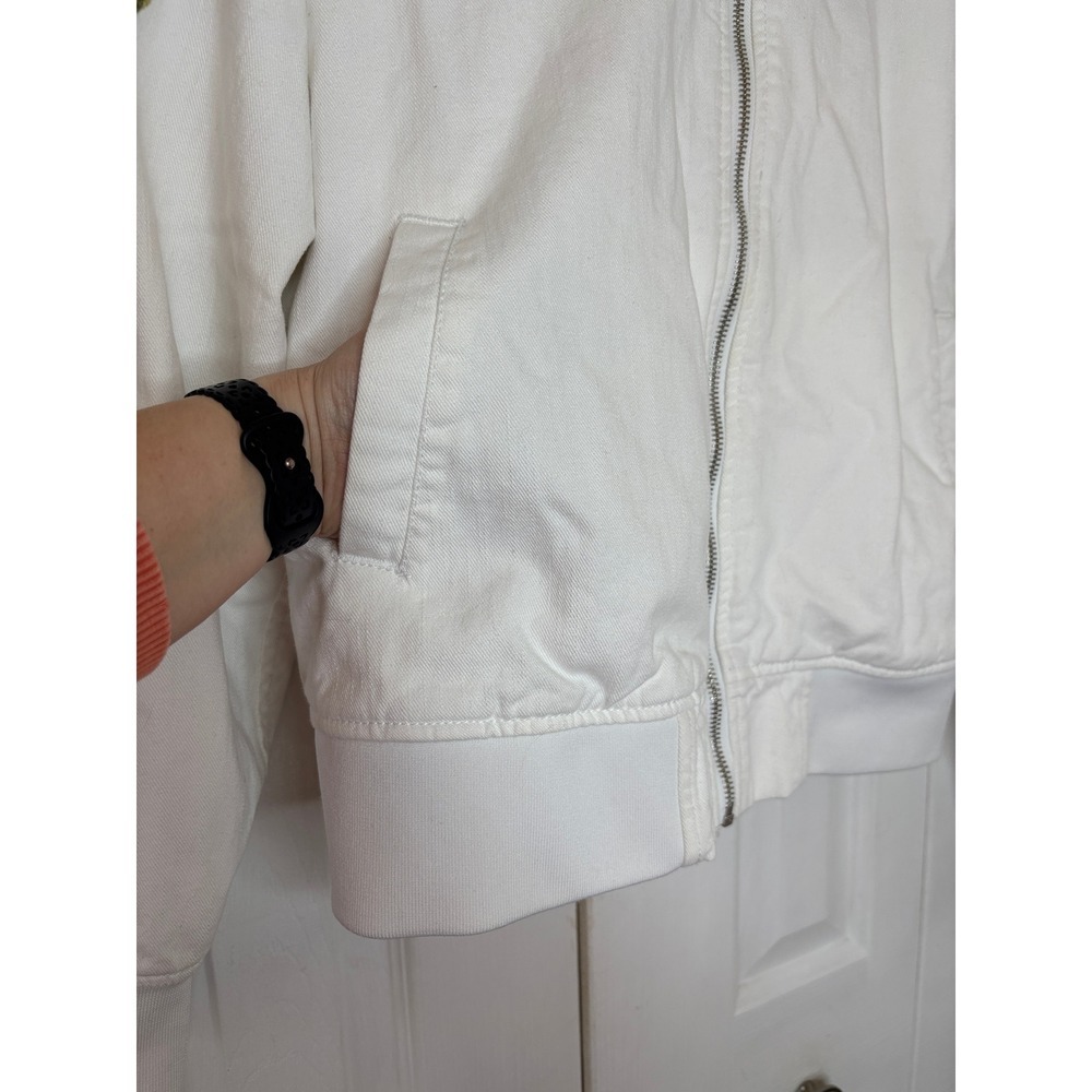 Rachel Roy White Denim Bomber Jacket Floral Embroidered Full Zip Size XL - Picture 3 of 8